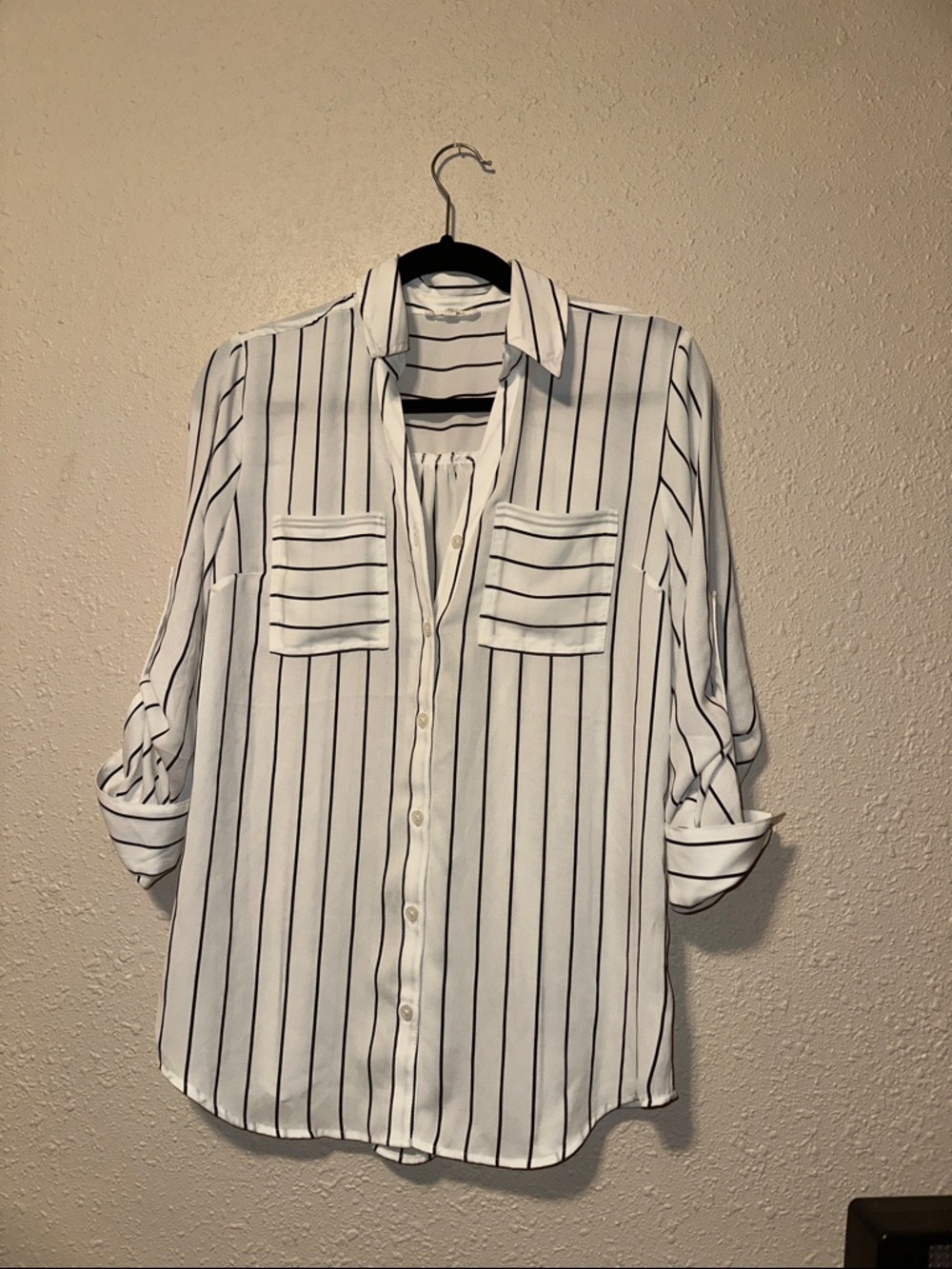 Maurices White Button-Down Shirt with Black Stripes